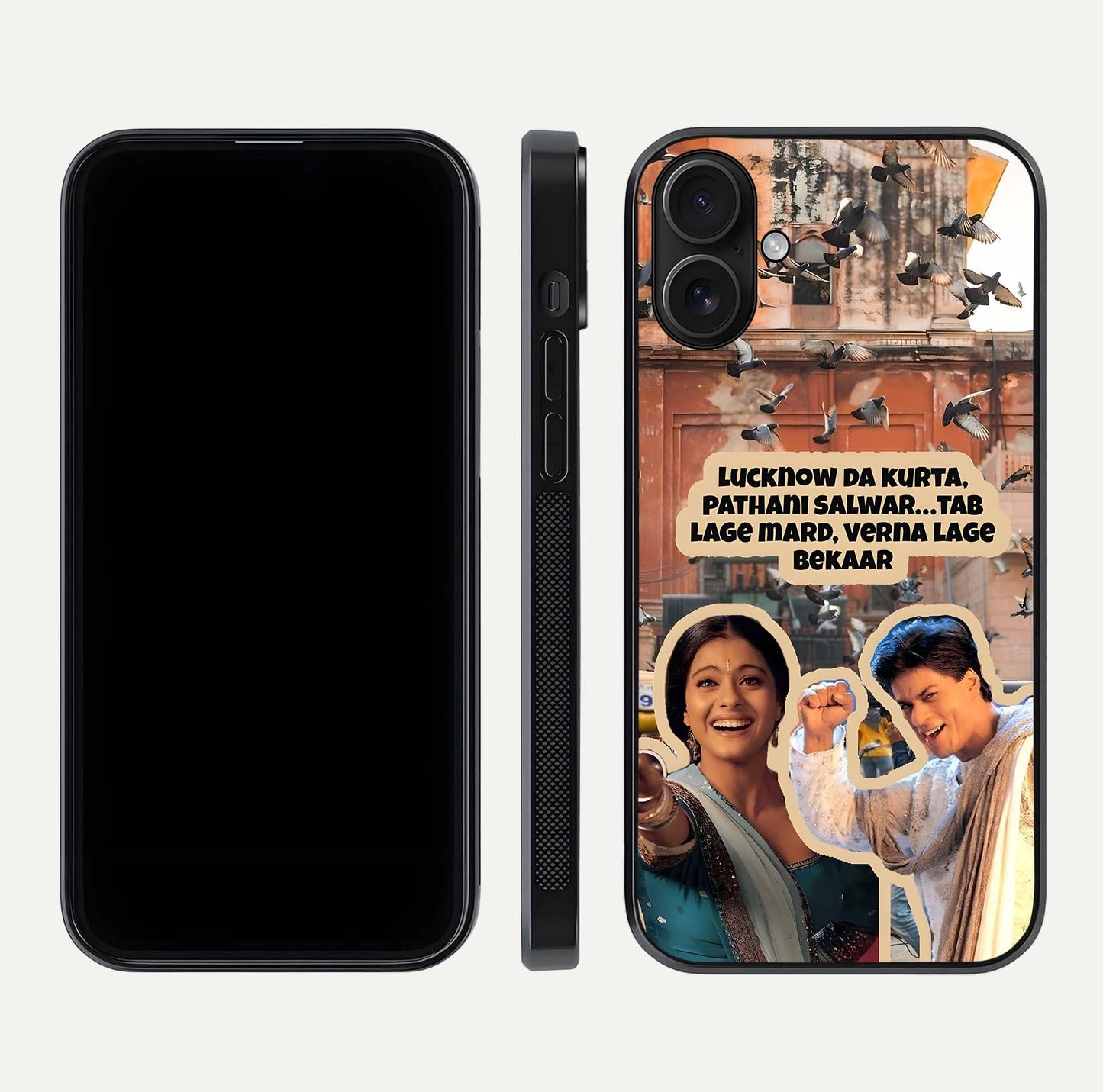 Desi Retro Vibes Glass Case for iPhone 16 dual-view layout showing nostalgic design and smooth glass curve