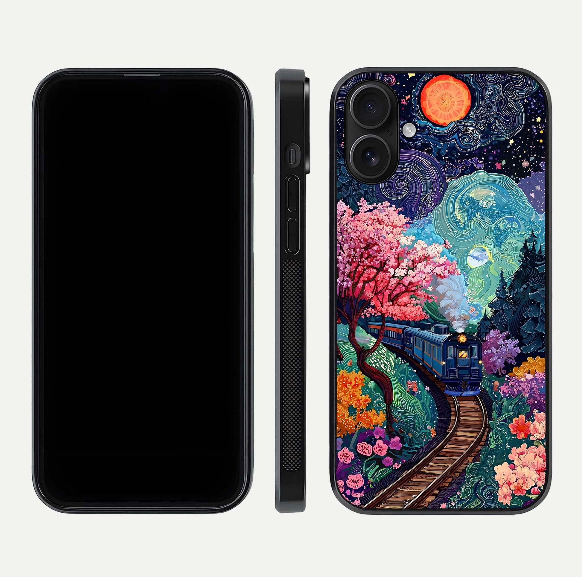 Digital Art Glass Case for iPhone 16 dual-view layout displaying artistic tones and curved glass edge