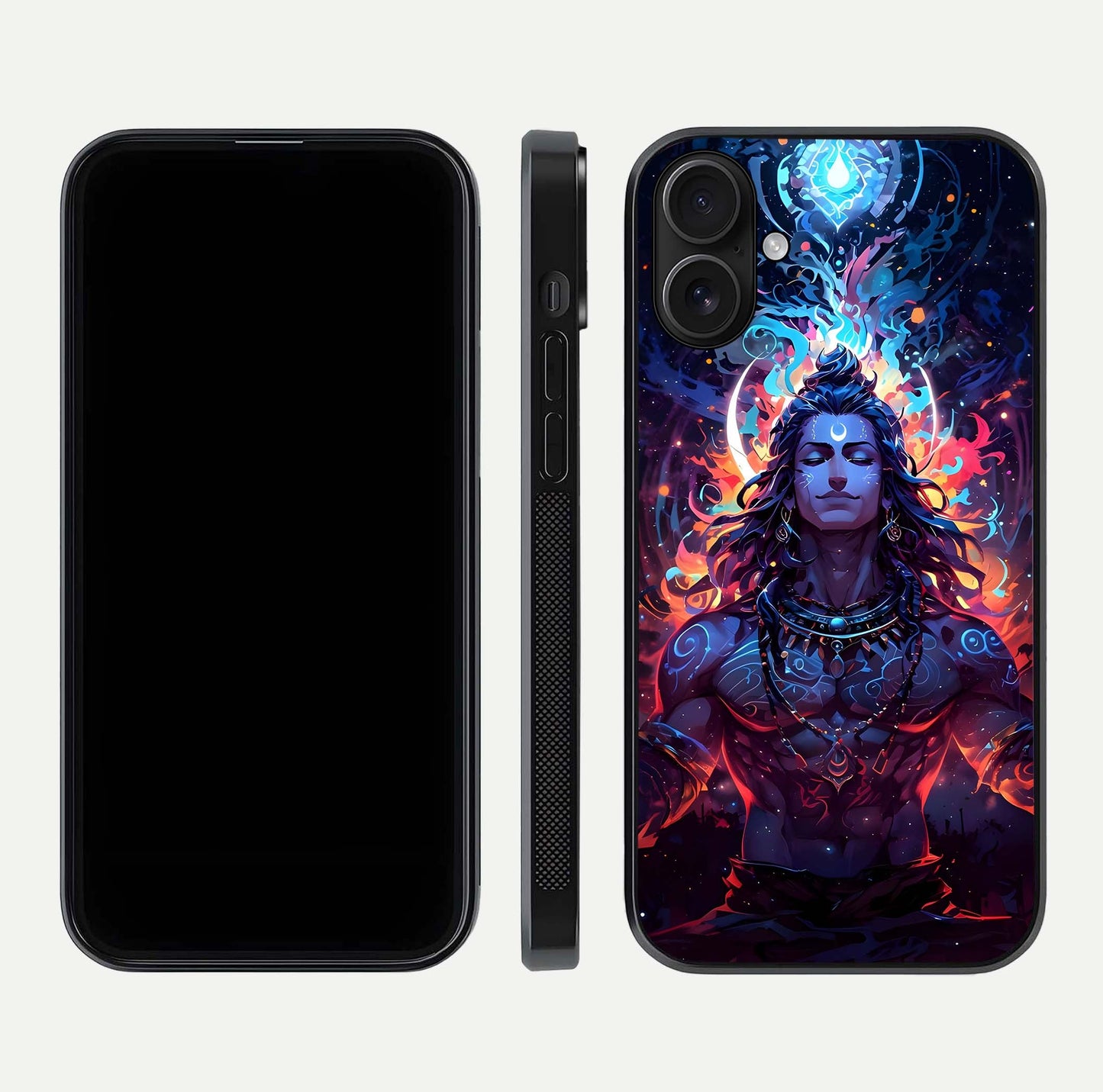 Divine Fire Shiv Glass Case for iPhone 16 dual-view layout displaying HD deity print and curved edges