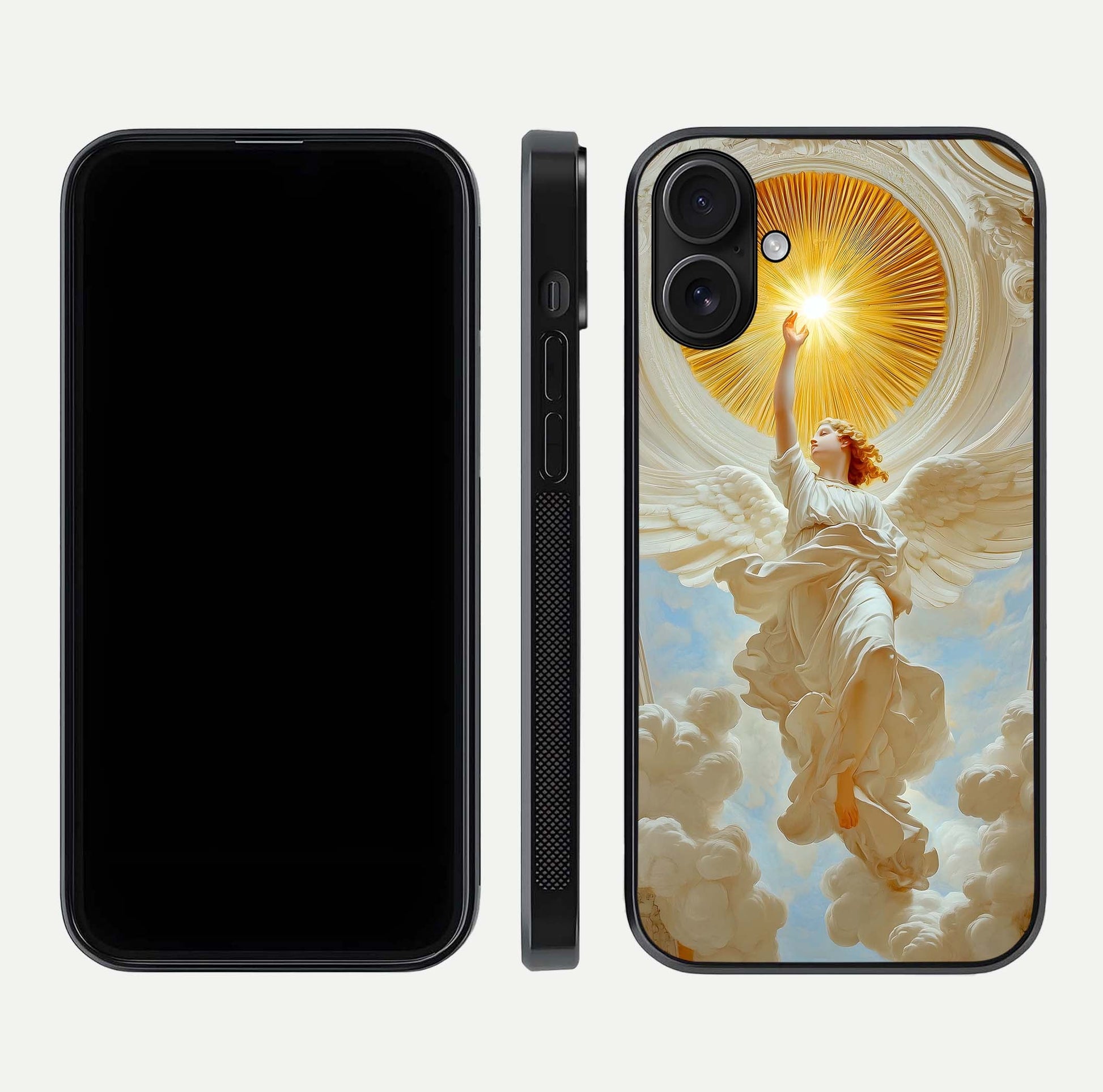 Divine Light Angel Glass Case for iPhone 16 dual-view layout displaying celestial tones and smooth curves