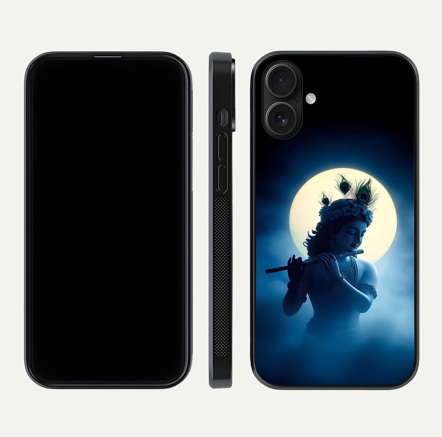 Divine Moon Flute Glass Case for iPhone 16 dual-view layout displaying soft night tones and curved polish