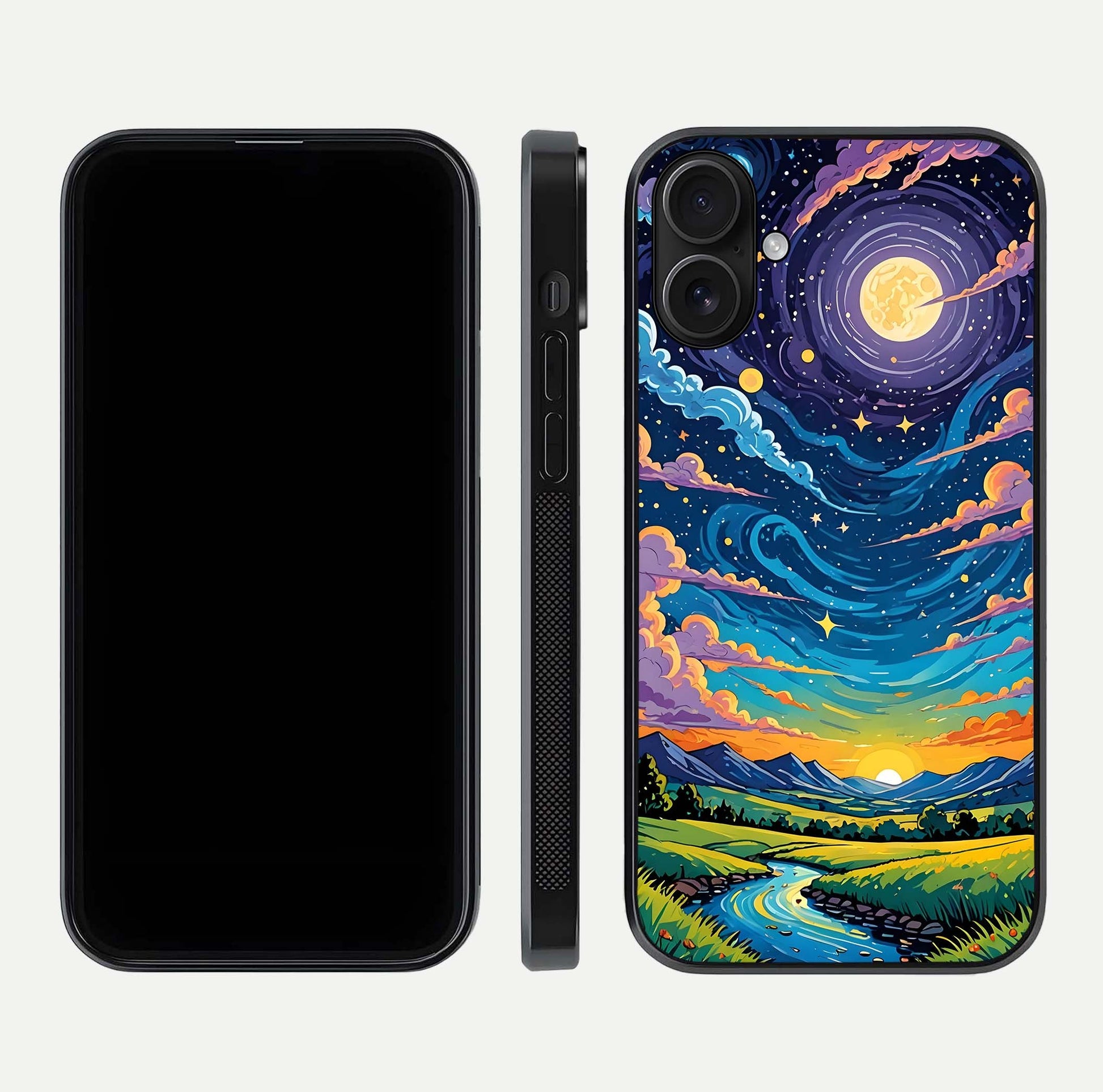 Dreamy Night Landscape Glass Case for iPhone 16 dual-view layout displaying HD print and curved glass edges