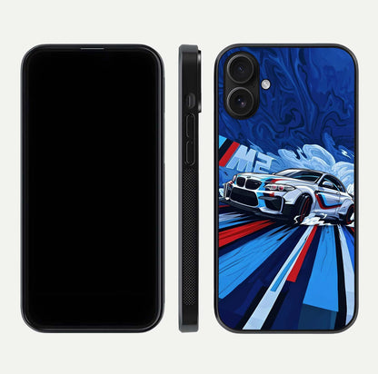 Drift Power Rush Glass Case for iPhone 16 dual-view layout displaying dynamic motion art and HD gloss