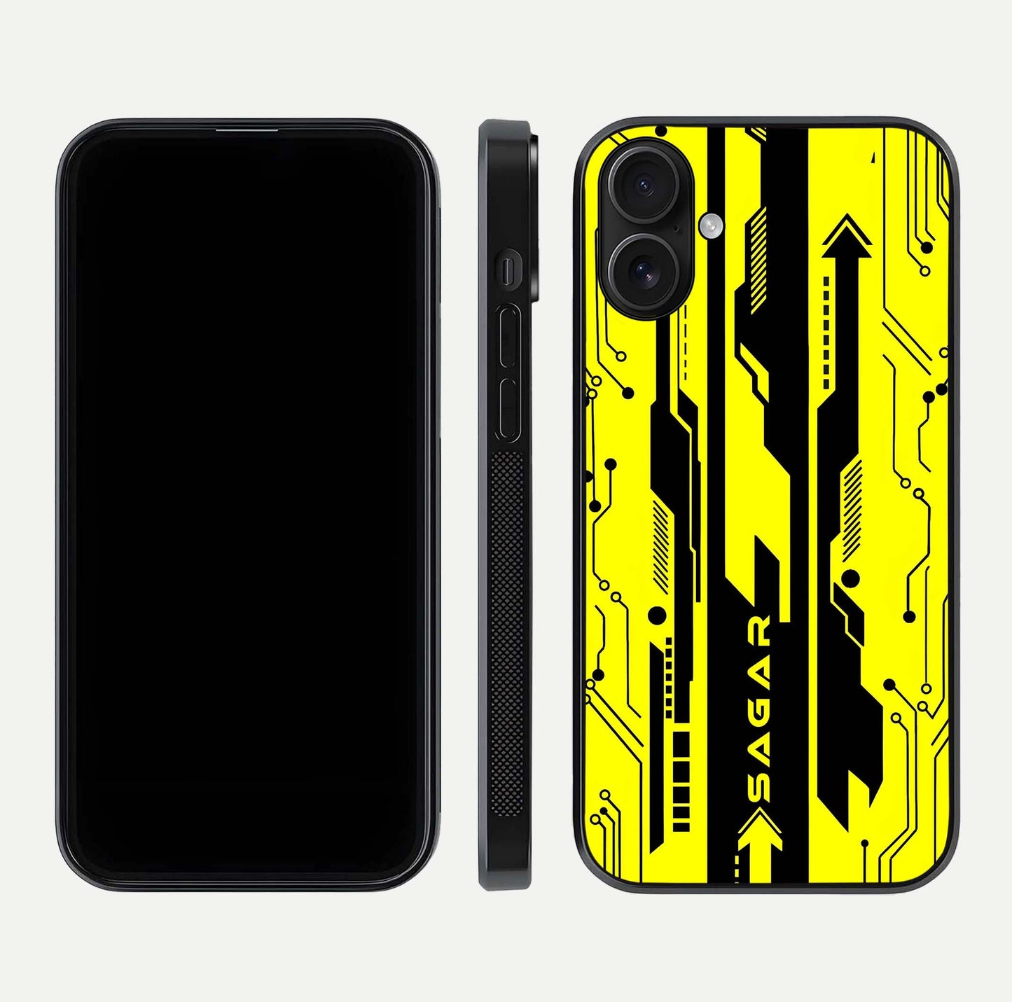 Electric Pulse CYBERPUNK Custom Name Glass Case for iPhone 16 dual-view layout displaying futuristic hues and curved glass edges
