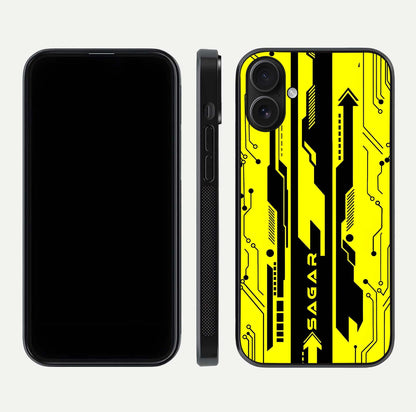 Electric Pulse CYBERPUNK Custom Name Glass Case for iPhone 16 dual-view layout displaying futuristic hues and curved glass edges