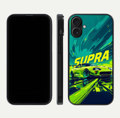Electric Supra Thunder Glass Case for iPhone 16 dual-view layout displaying dynamic motion art and curved finish