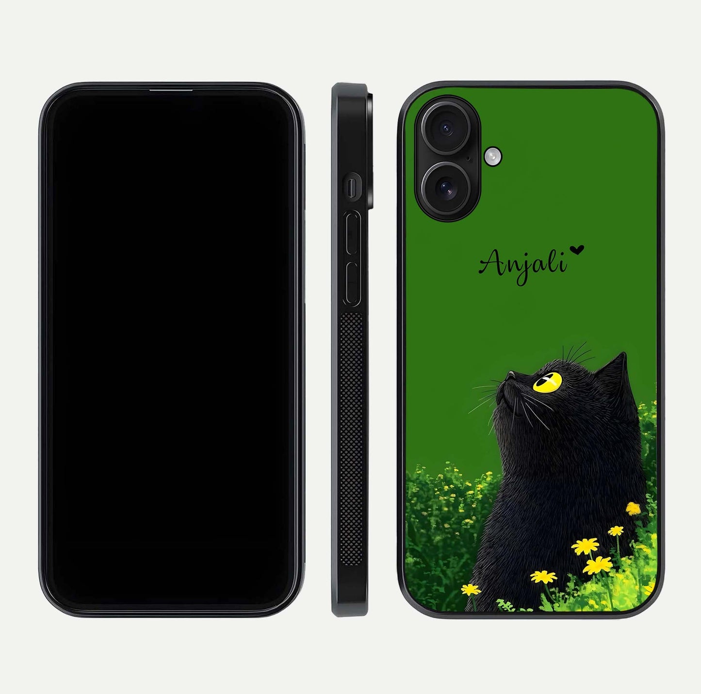 Emerald Cat Custom Name Glass Case for iPhone 16 dual-view layout displaying artistic tones and smooth curves
