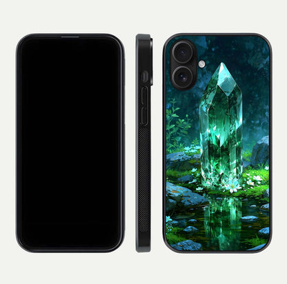 Emerald Light Crystal Glass Case for iPhone 16 dual-view layout displaying gem-like tones and polished edge