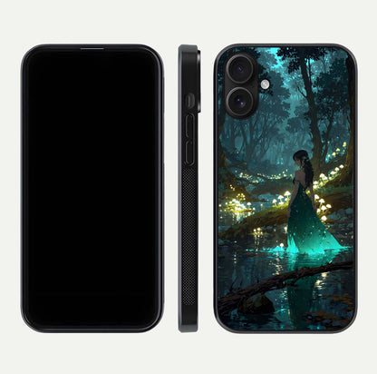Enchanted Forest Glow Glass Case for iPhone 16 dual-view layout displaying green tones and smooth glass
