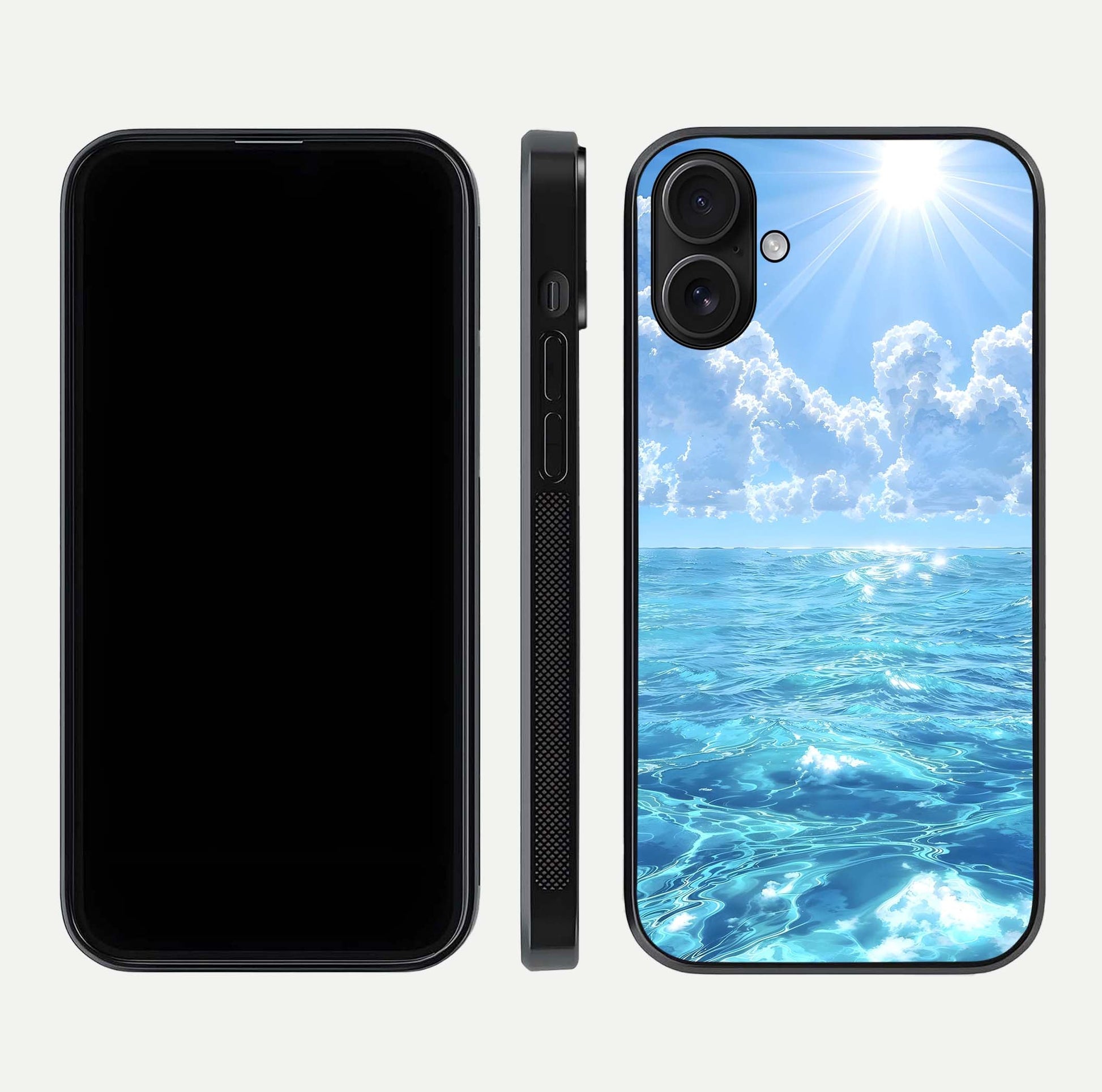 Endless Ocean Horizon Glass Case for iPhone 16 dual-view layout displaying calm seascape and curved edges