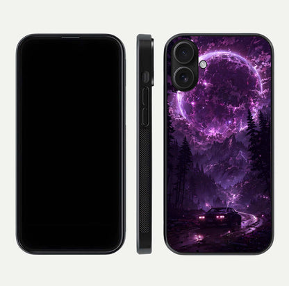 Eternal Cosmic Drive Glass Case for iPhone 16 dual-view layout displaying outer-space tones and curved finish