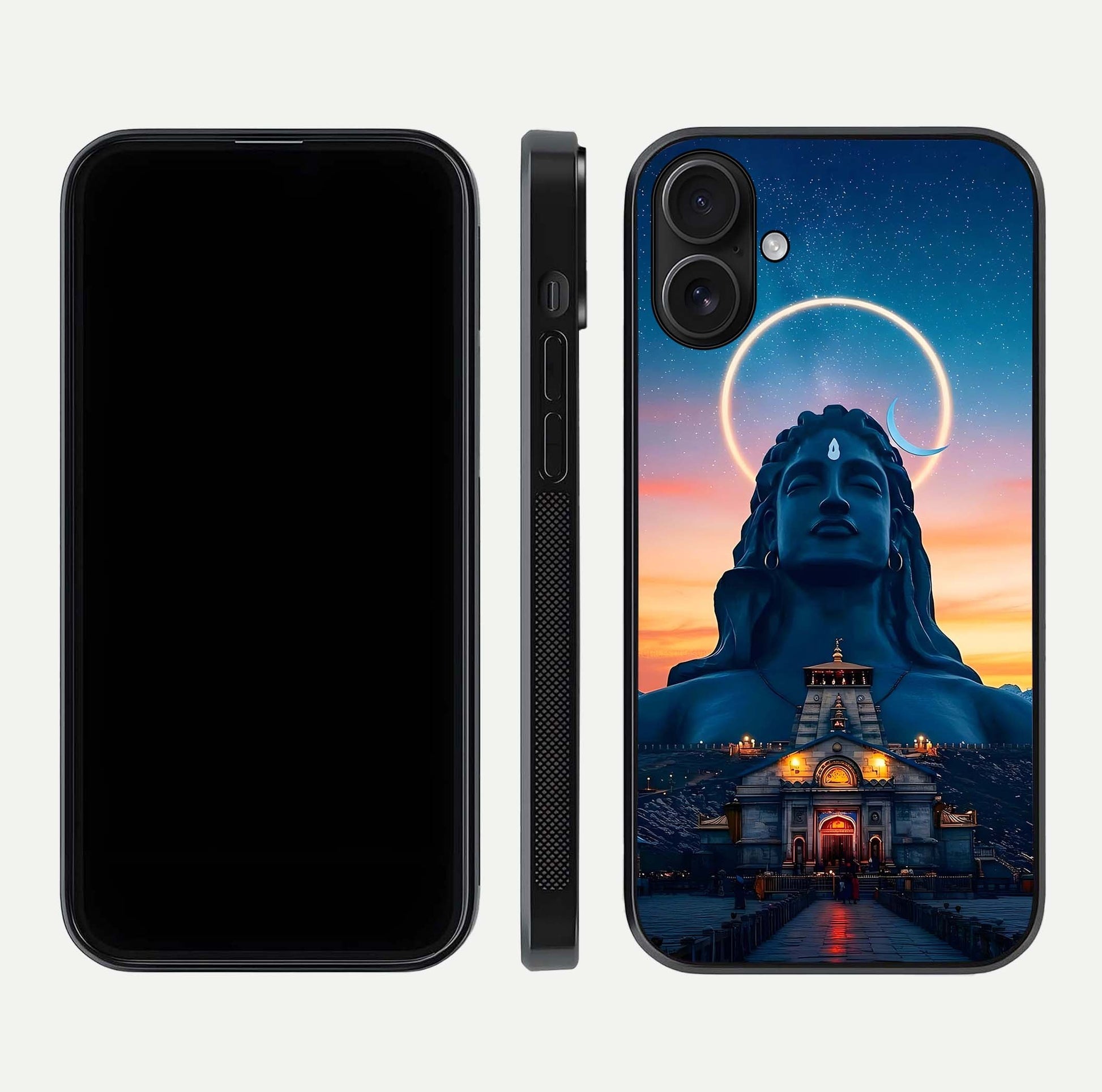 Eternal Shiva Aura Glass Case for iPhone 16 dual-view layout displaying HD deity print and smooth edge