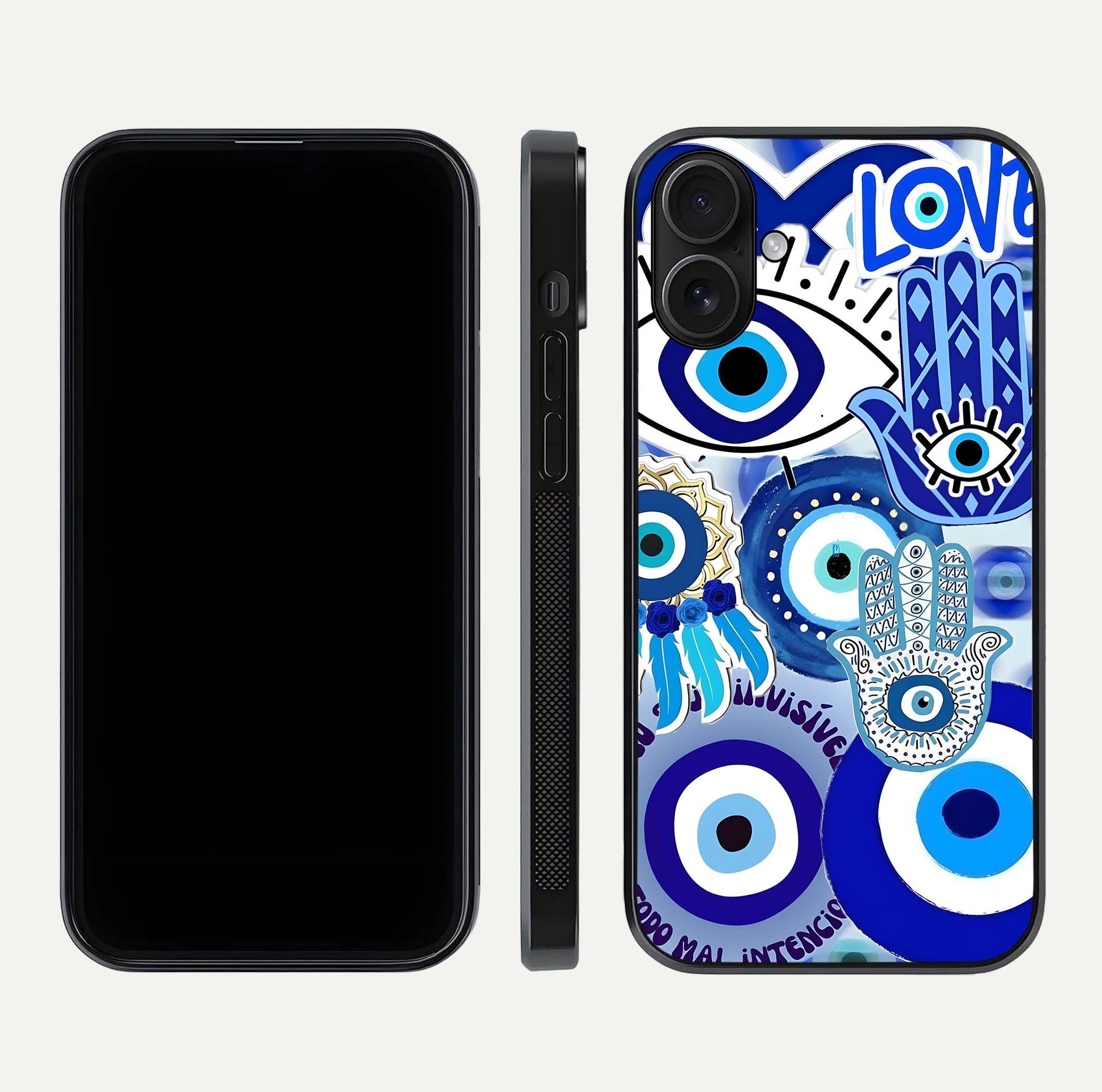 Evil Eyes Dream Glass Case for iPhone 16 dual-view layout displaying spiritual motif and polished curved edge