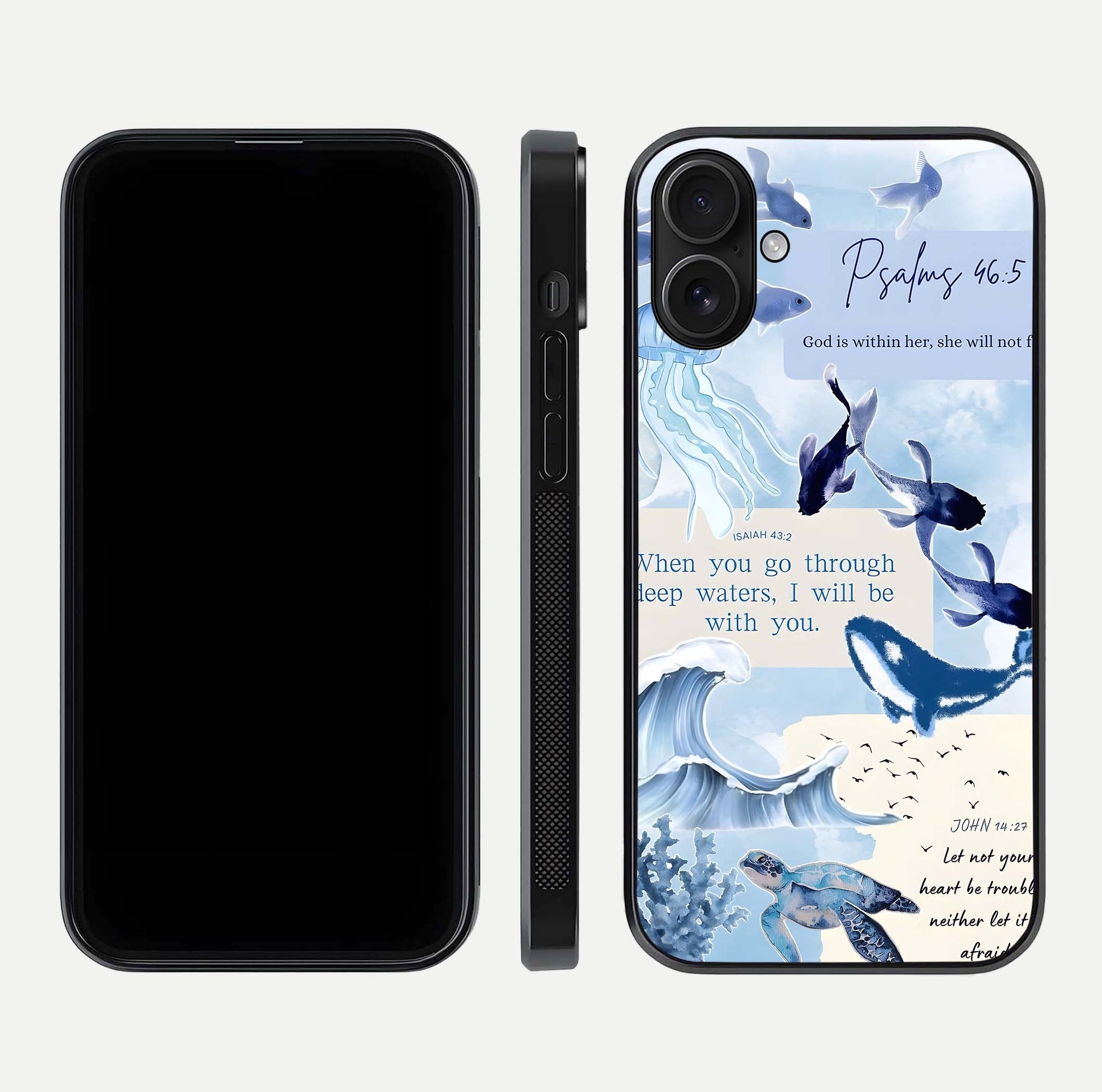 Faithful Ocean Promise Glass Case for iPhone 16 dual-view layout showing sea horizon art and curved polish