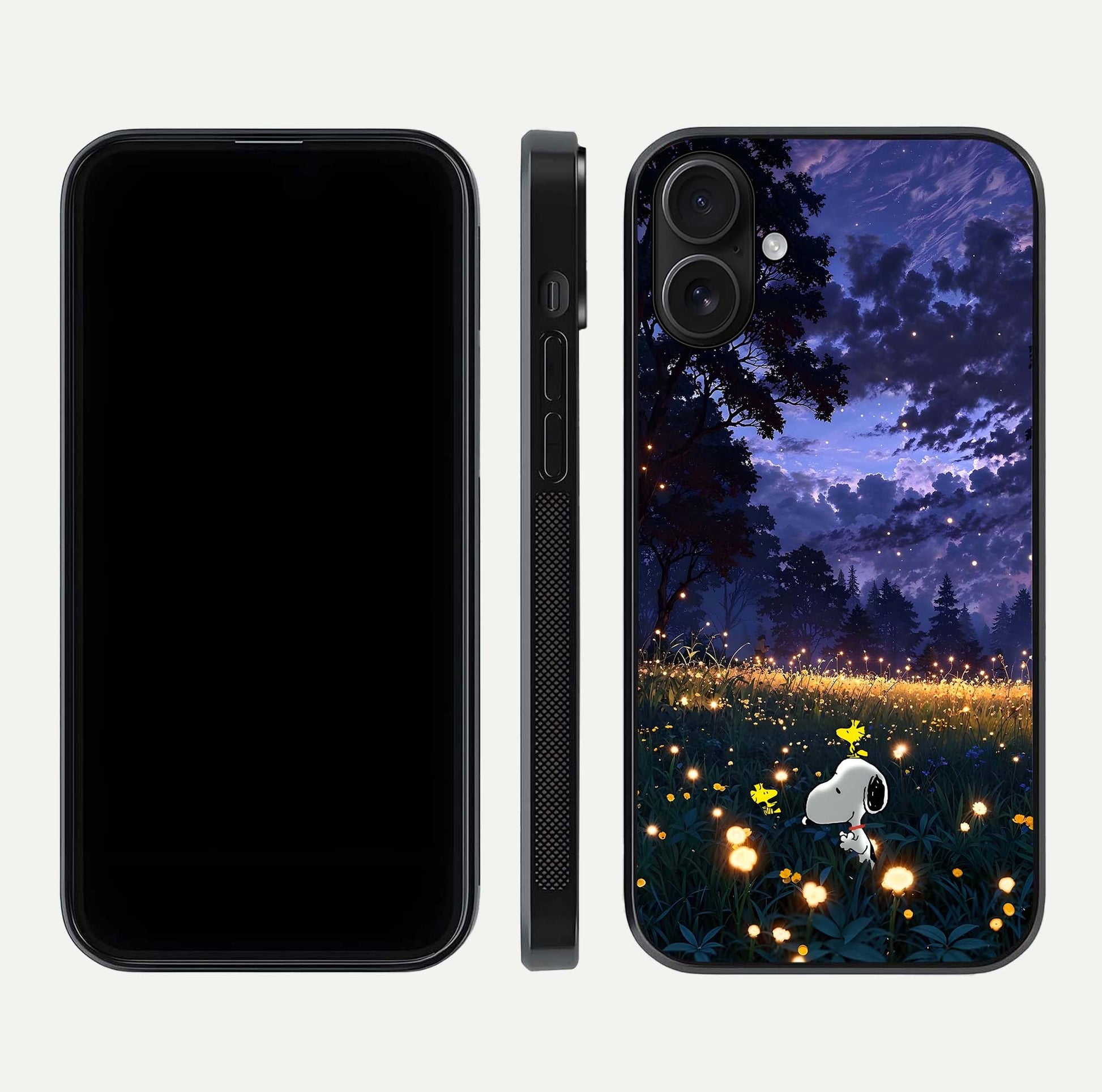 Firefly Meadow Magic Glass Case for iPhone 16 dual-view layout displaying enchanting tones and curved edges