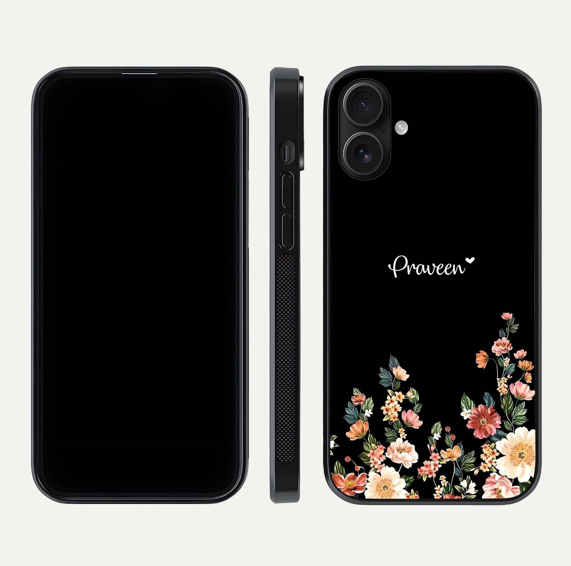 Floral Design Personalized Custom Name Glass Case for iPhone 16 dual-view layout displaying artistic tones and curved finish