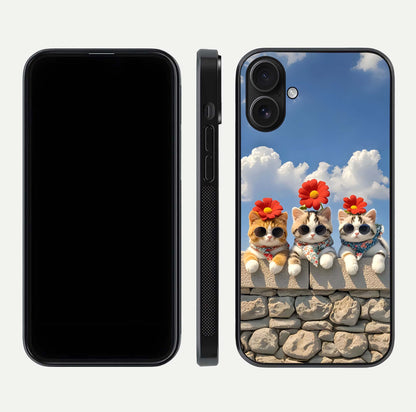 Floral Kitty Squad Glass Case for iPhone 16 dual-view layout displaying vibrant tones and smooth edges