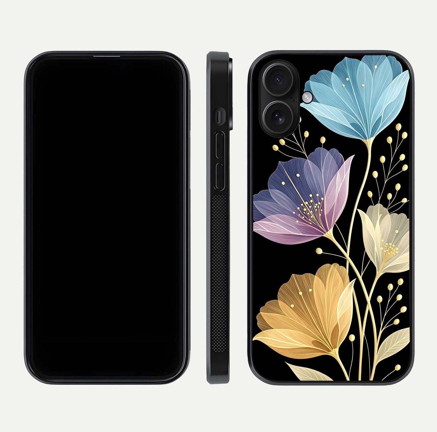 Flower Bloom Glow Glass Case for iPhone 16 dual-view layout displaying petal tones and curved glass edge