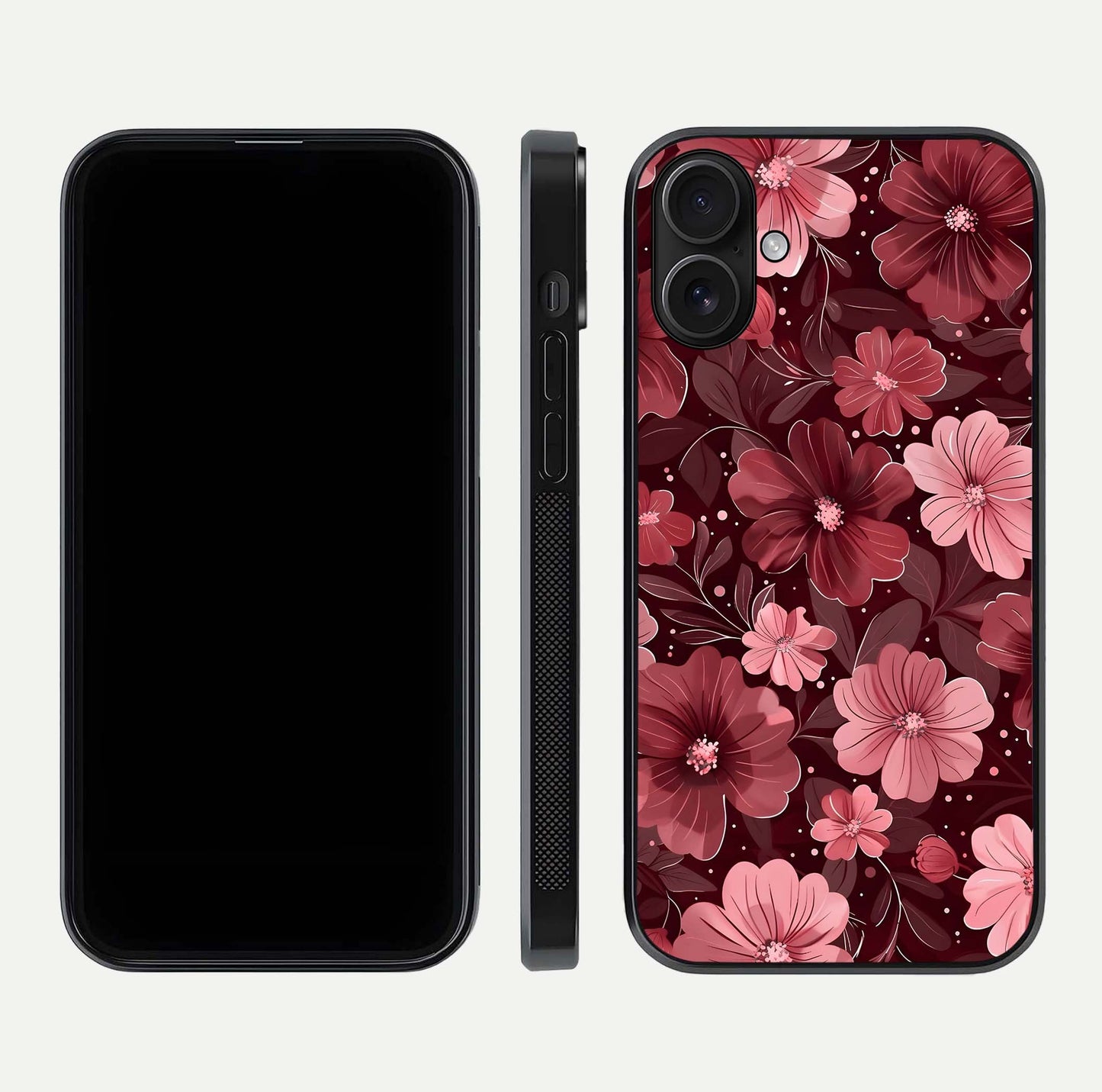 Flower Blush Bloom Glass Case for iPhone 16 dual-view layout displaying HD print and smooth curves