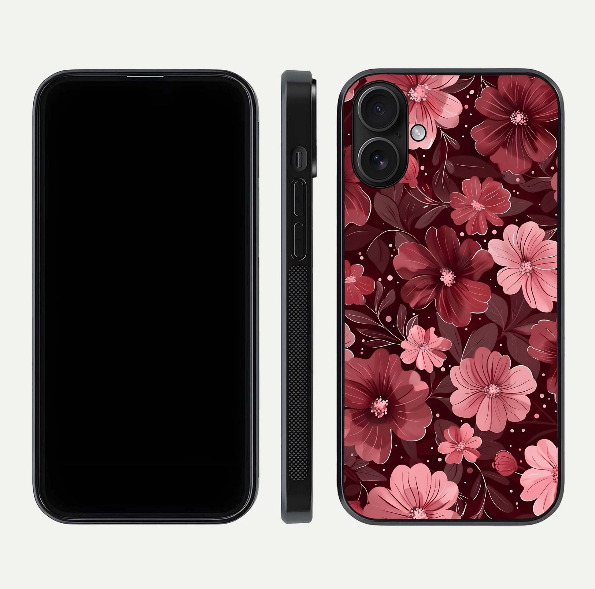 Flower Blush Bloom Glass Case for iPhone 16 dual-view layout displaying HD print and smooth curves