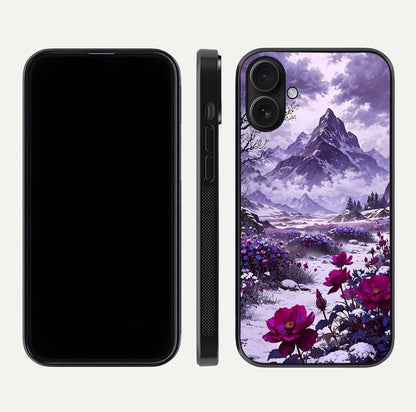 Flower Mountain View Glass Case for iPhone 16 dual-view layout displaying scenic tones and curved glass finish
