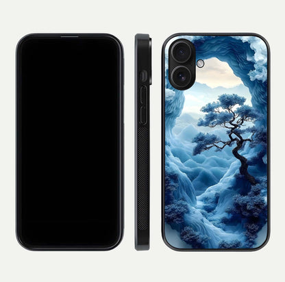 Frozen Serenity Gate Glass Case for iPhone 16 dual-view layout displaying winter theme and smooth curves