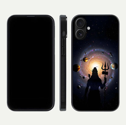 Galactic Shiva Vision Glass Case for iPhone 16 front and back view layout showing celestial background and polished curved glass