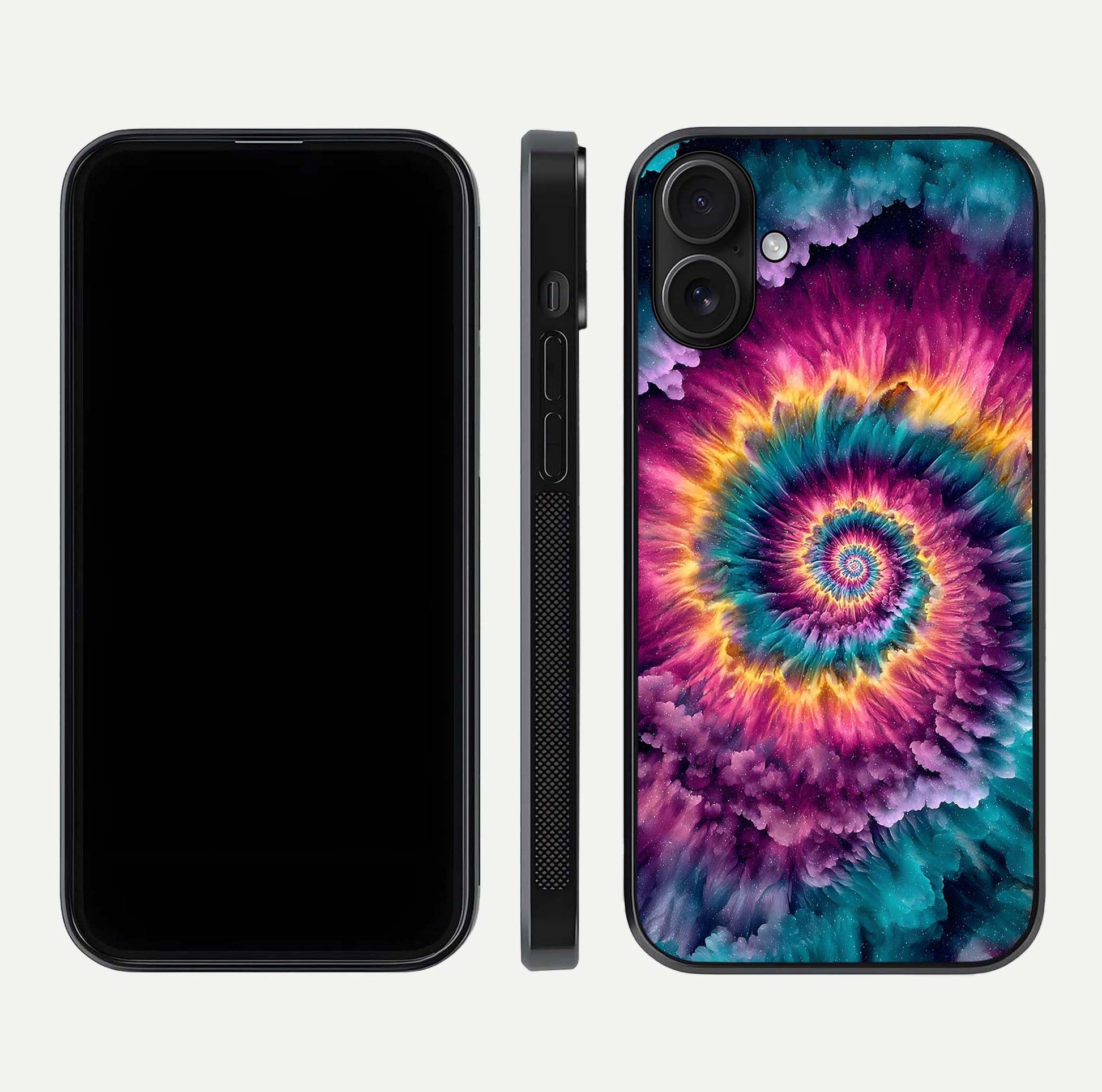 Galactic Spiral Burst Glass Case for iPhone 16 front and back view layout highlighting cosmic swirl and curved edges