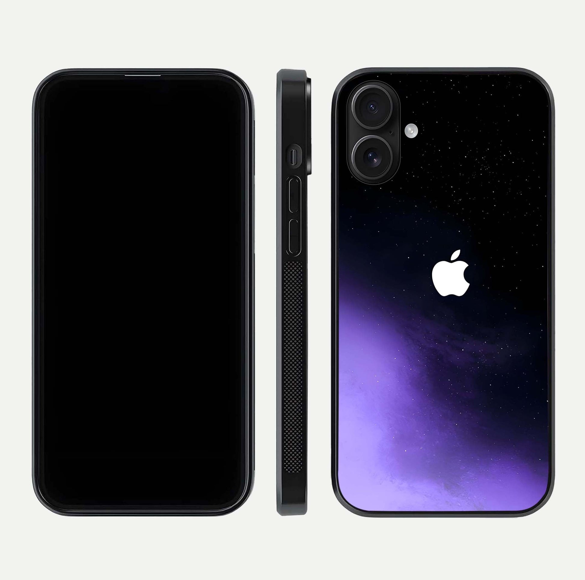 Galaxy Apple Aura Glass Case for iPhone 16 front and back view layout displaying cosmic tones and premium curved glass edges