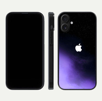 Galaxy Apple Aura Glass Case for iPhone 16 front and back view layout displaying cosmic tones and premium curved glass edges