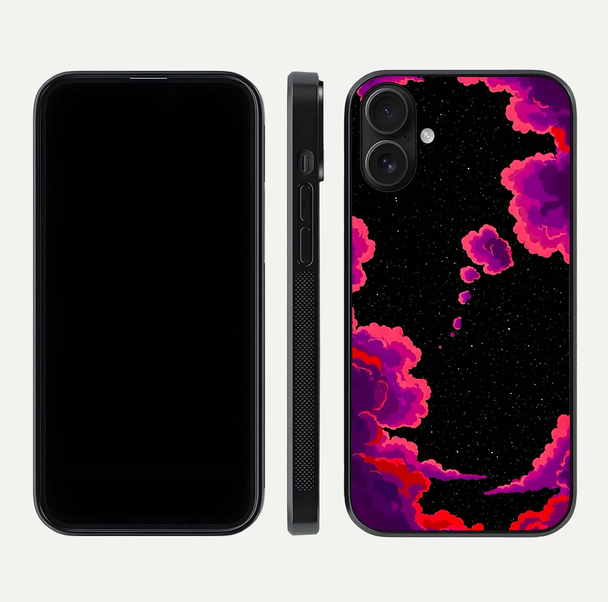 Galaxy Dream Frame Glass Case for iPhone 16 front and back view layout highlighting cosmic design and smooth glass curvature