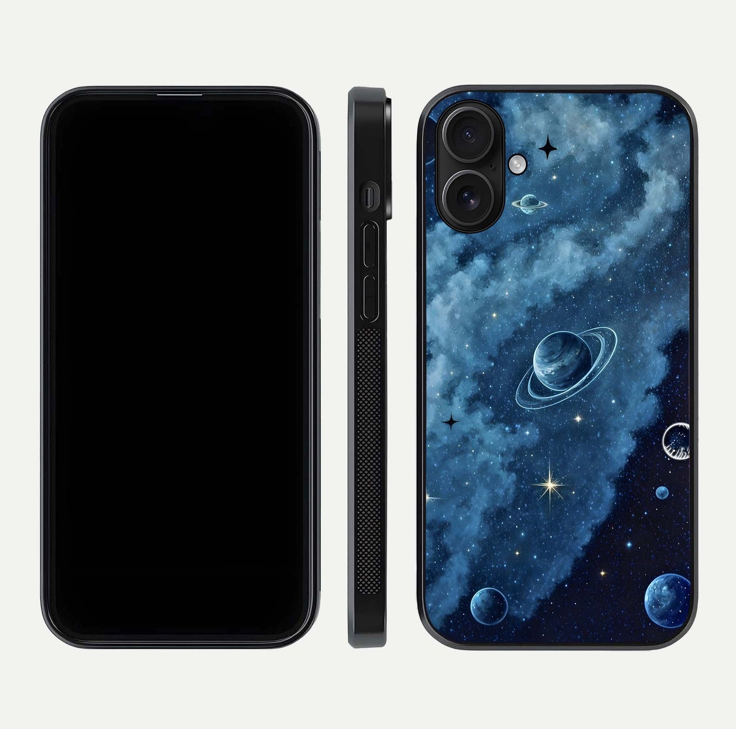 Galaxy Dream Space Glass Case for iPhone 16 front and back view layout showing deep-space tones and curved edges