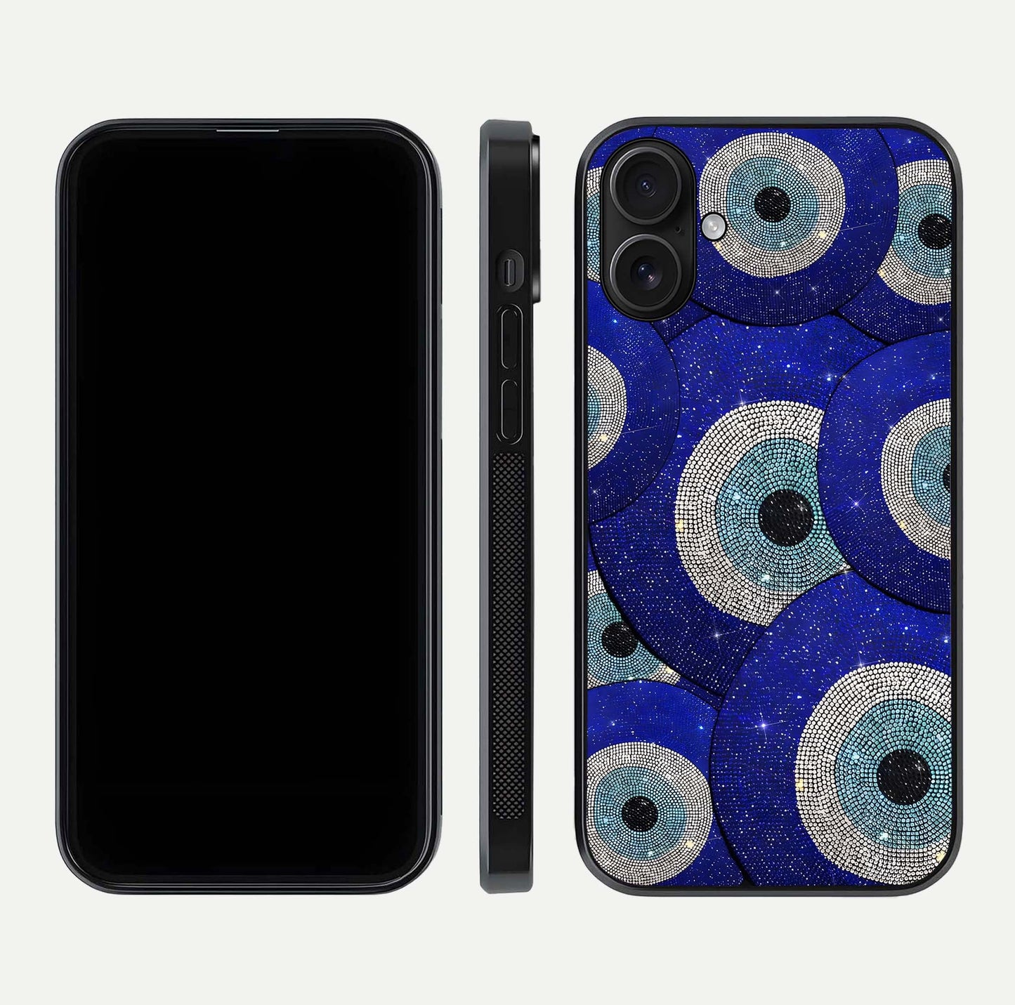 Galaxy Eye Flow Glass Case for iPhone 16 front and back view layout displaying cosmic art and curved glass borders