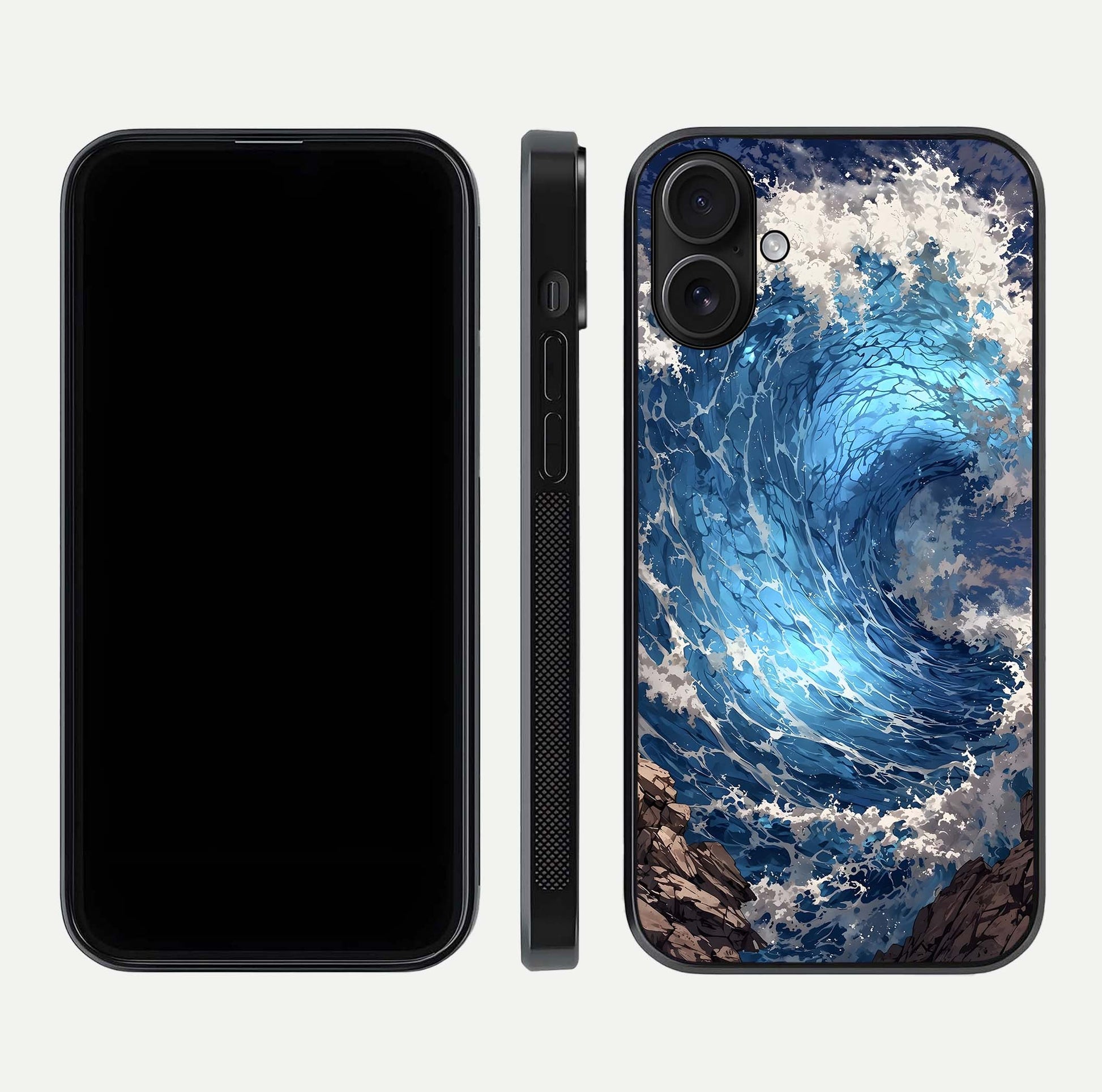 Giant Ocean Wave Glass Case for iPhone 16 front and back view layout displaying sea tones and smooth curved edges