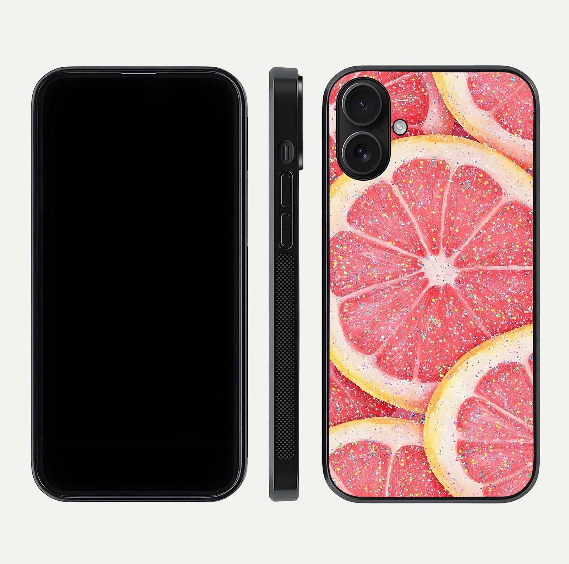 Glitter Grapefruit Glass Case for iPhone 16 front and back view layout highlighting citrus hues and smooth glass