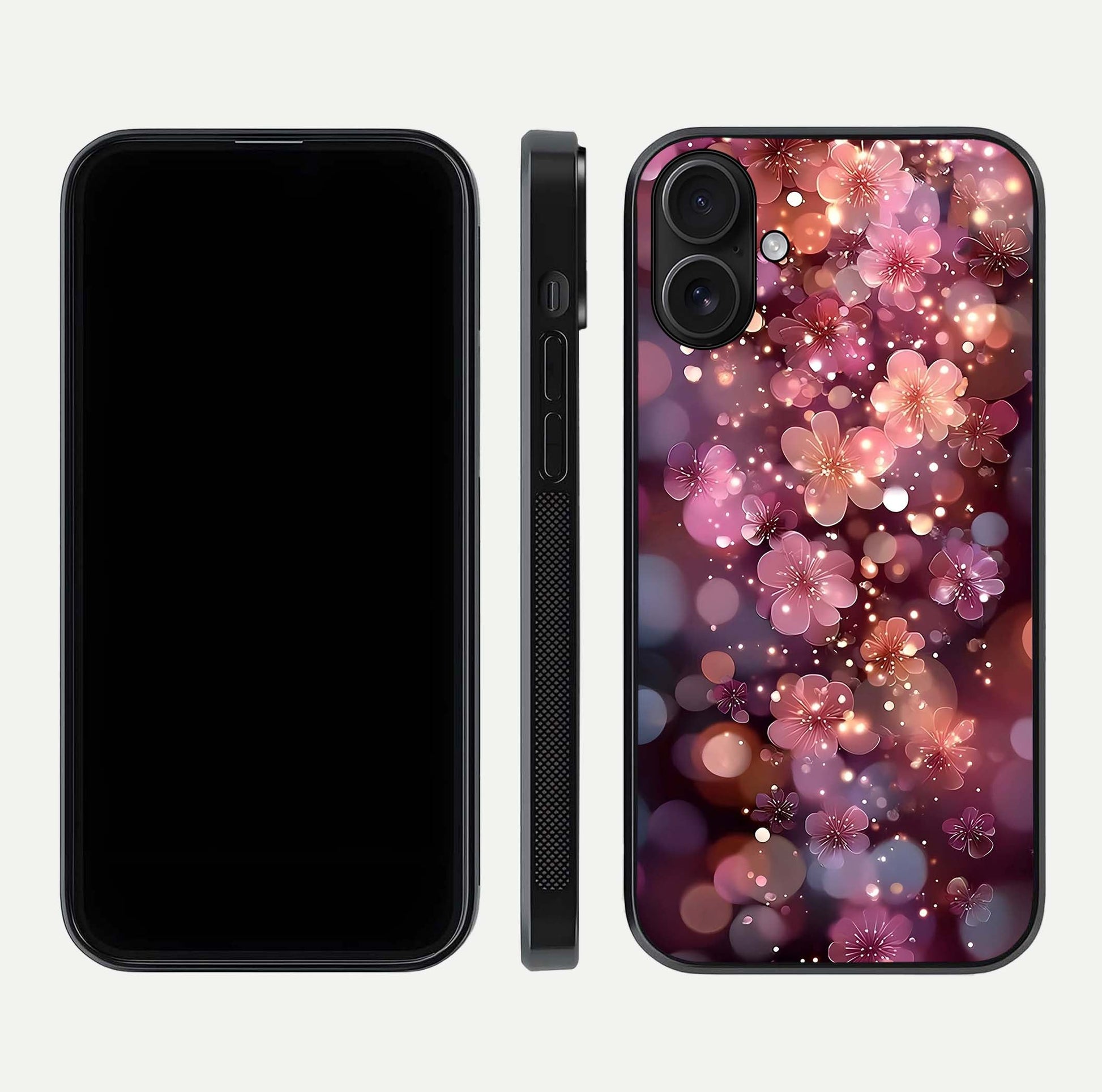 Glowing Petal Bliss Glass Case for iPhone 16 front and back view layout displaying artistic floral design and curved glass