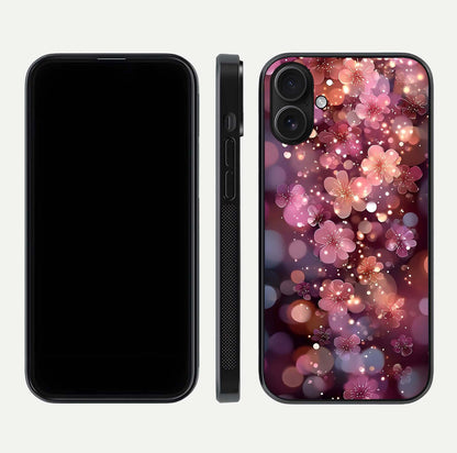 Glowing Petal Bliss Glass Case for iPhone 16 front and back view layout displaying artistic floral design and curved glass