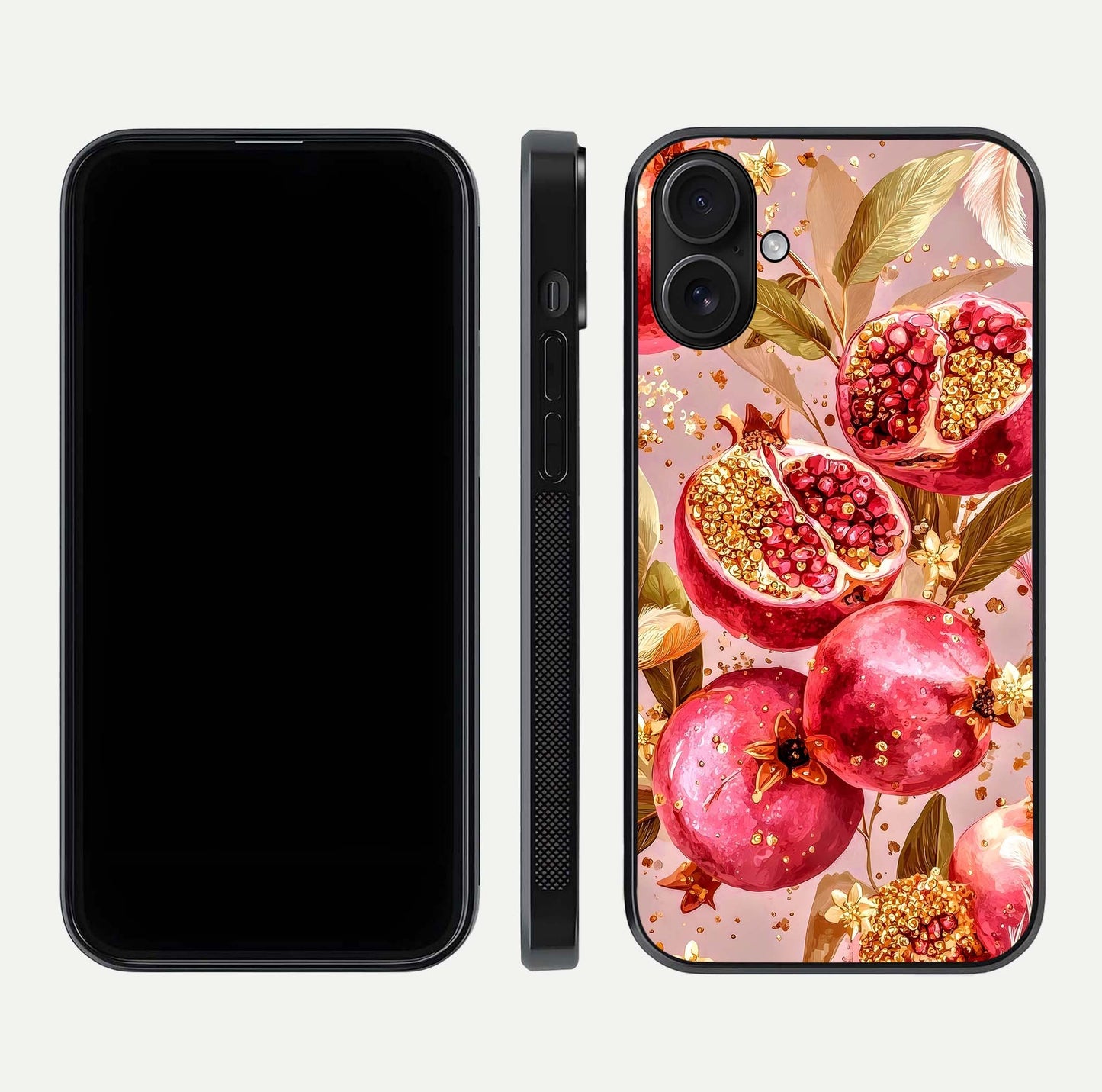 Golden Bloom Glow Glass Case for iPhone 16 front and back view layout highlighting luxury floral pattern and curved edges