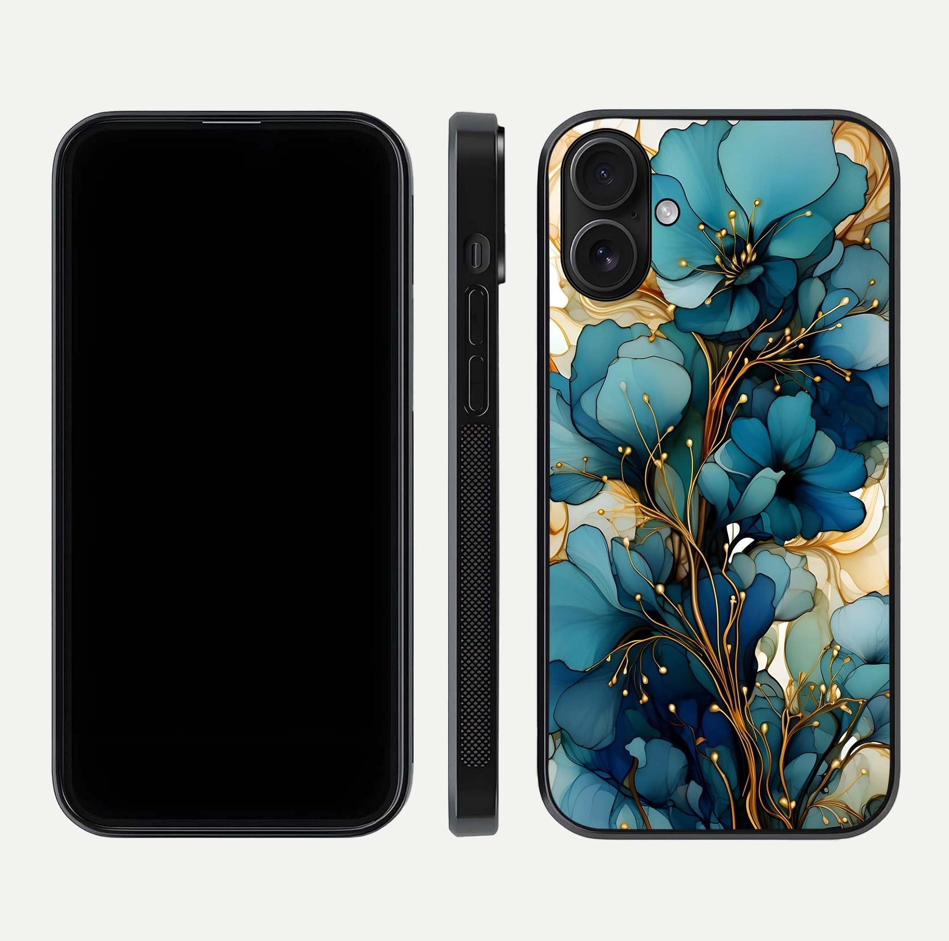 Golden Bloom Symphony Glass Case for iPhone 16 front and back view layout highlighting rich floral tones and curved glass edges