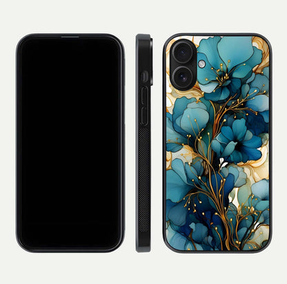 Golden Bloom Symphony Glass Case for iPhone 16 front and back view layout highlighting rich floral tones and curved glass edges