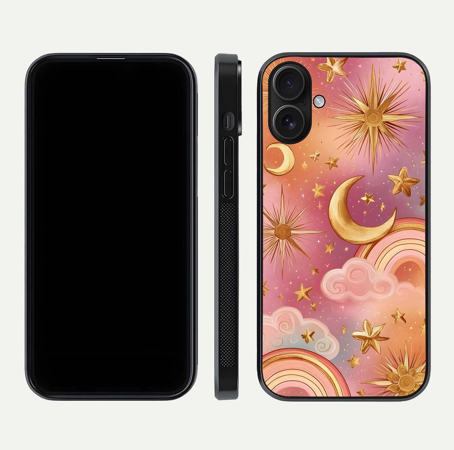 Golden Celestial Dreams Glass Case for iPhone 16 front and back view layout highlighting celestial motifs and smooth curved edge