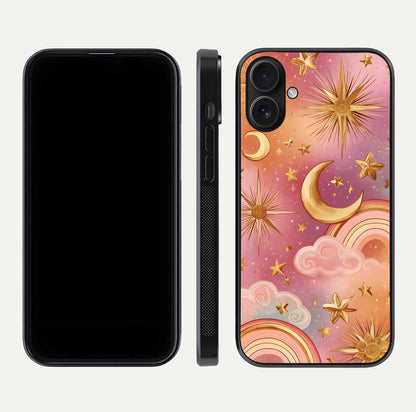 Golden Celestial Dreams Glass Case for iPhone 16 front and back view layout highlighting celestial motifs and smooth curved edge