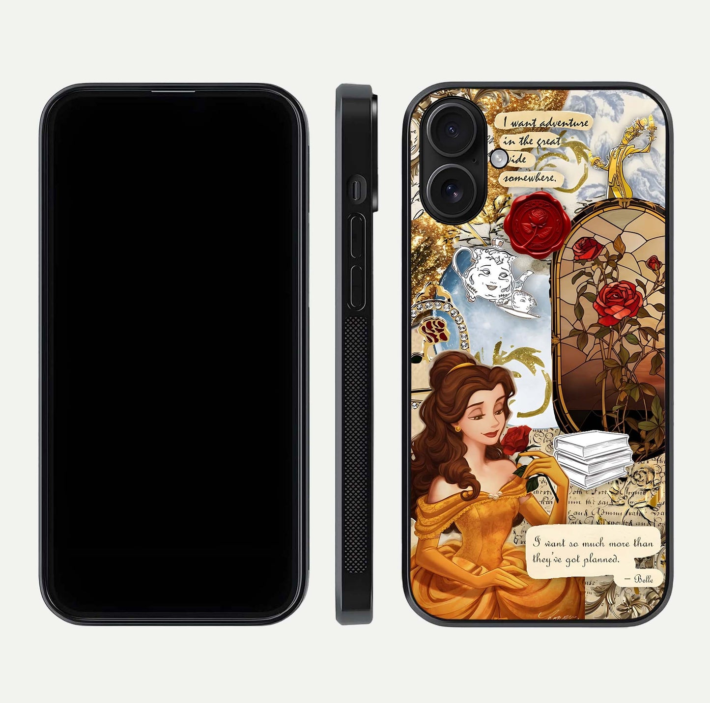 Golden Dream Belle Glass Case for iPhone 16 front and back view layout displaying dreamy golden theme and smooth curvature