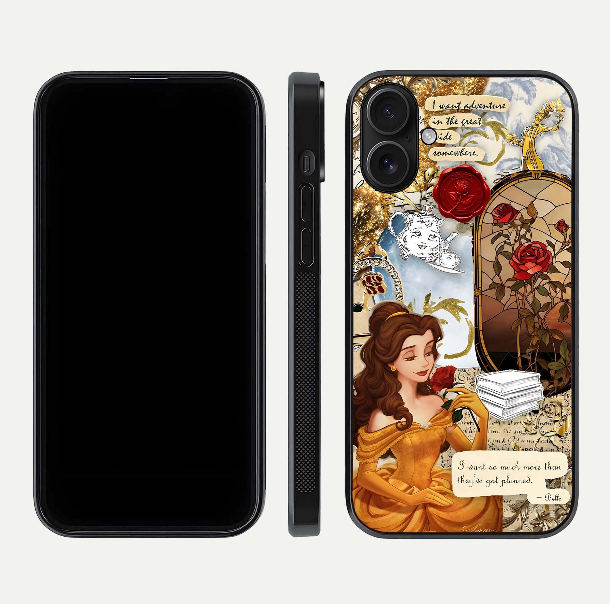 Golden Dream Belle Glass Case for iPhone 16 front and back view layout displaying dreamy golden theme and smooth curvature