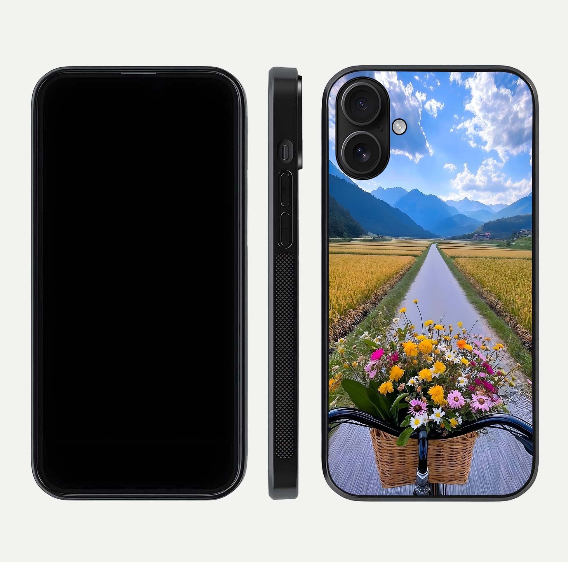 Golden Field Journey Glass Case for iPhone 16 front and back view layout highlighting natural gradient and smooth glass finish