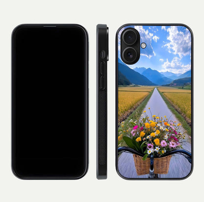 Golden Field Journey Glass Case for iPhone 16 front and back view layout highlighting natural gradient and smooth glass finish