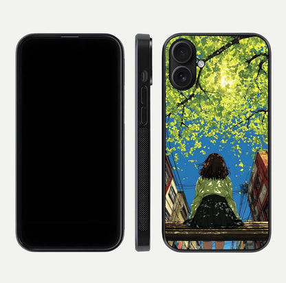 Golden Leaves Glow Glass Case for iPhone 16 front and back view layout highlighting glowing tones and curved edges