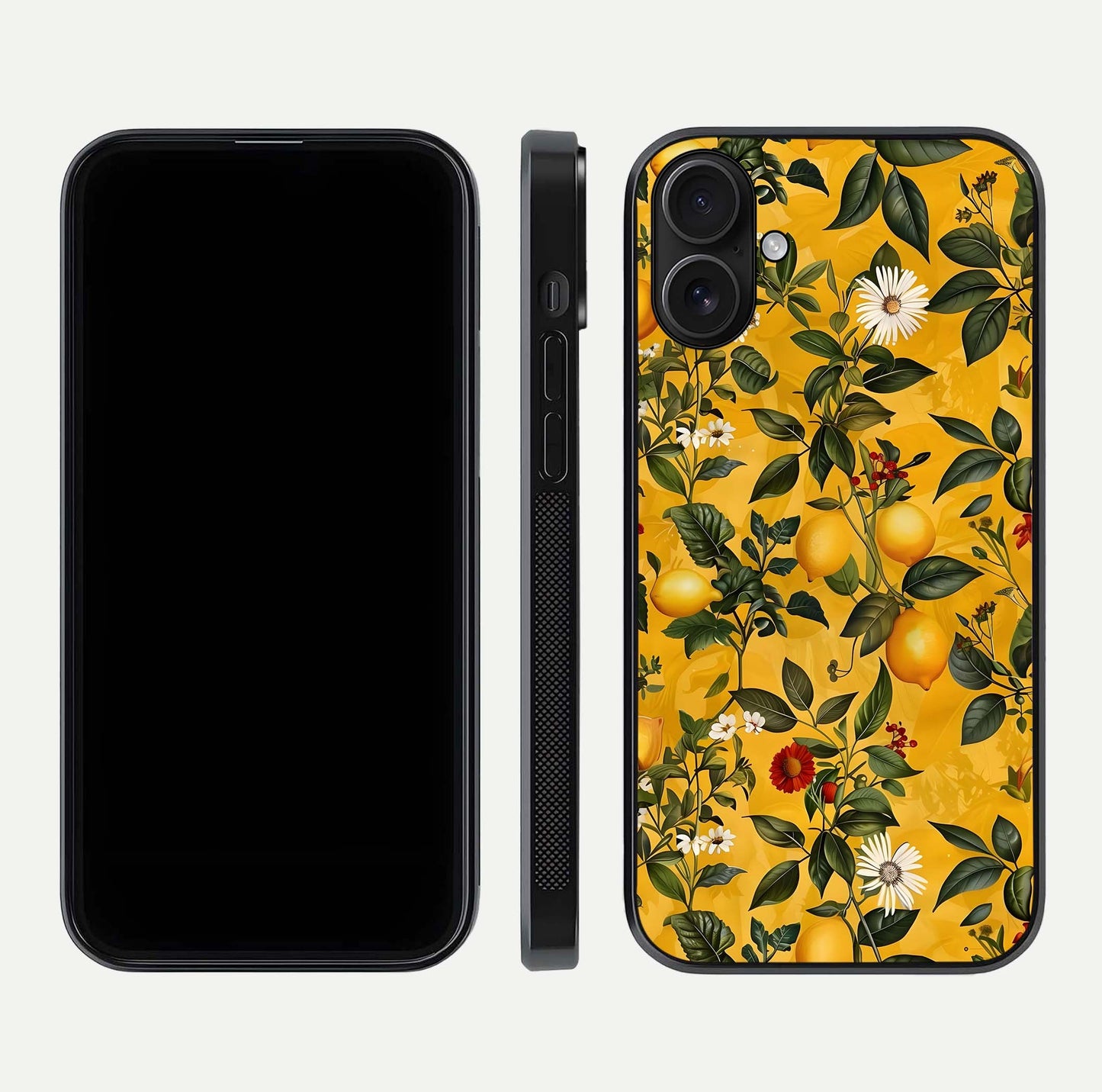 Golden Lemon Field Glass Case for iPhone 16 front and back view layout highlighting fruity tones and curved glass edges