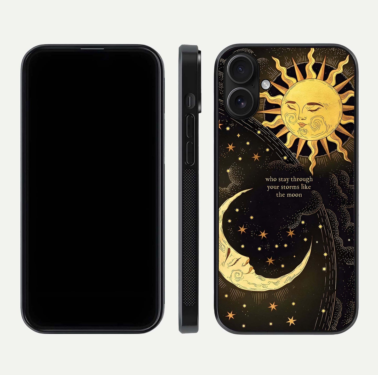 Golden Lunar Love Glass Case for iPhone 16 front and back view layout highlighting celestial tones and curved edges