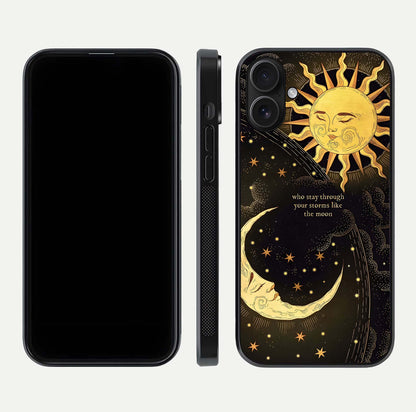 Golden Lunar Love Glass Case for iPhone 16 front and back view layout highlighting celestial tones and curved edges